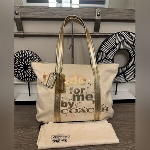 Coach Cream Canvas Tote with Gold Metallic Trim